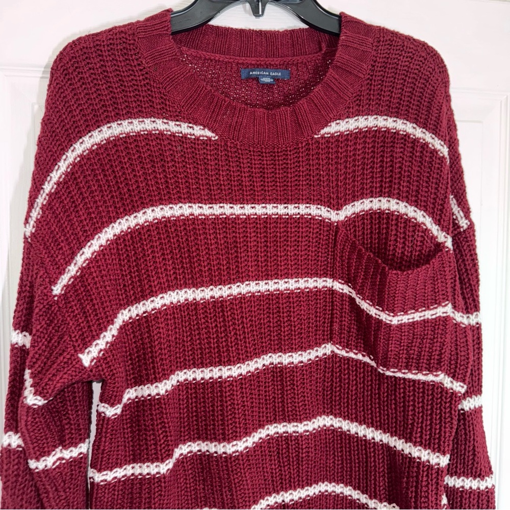 M157 American Eagle Outfitters Dark Red Burgundy Knit Sweater with White Stripes - Picture 6 of 13